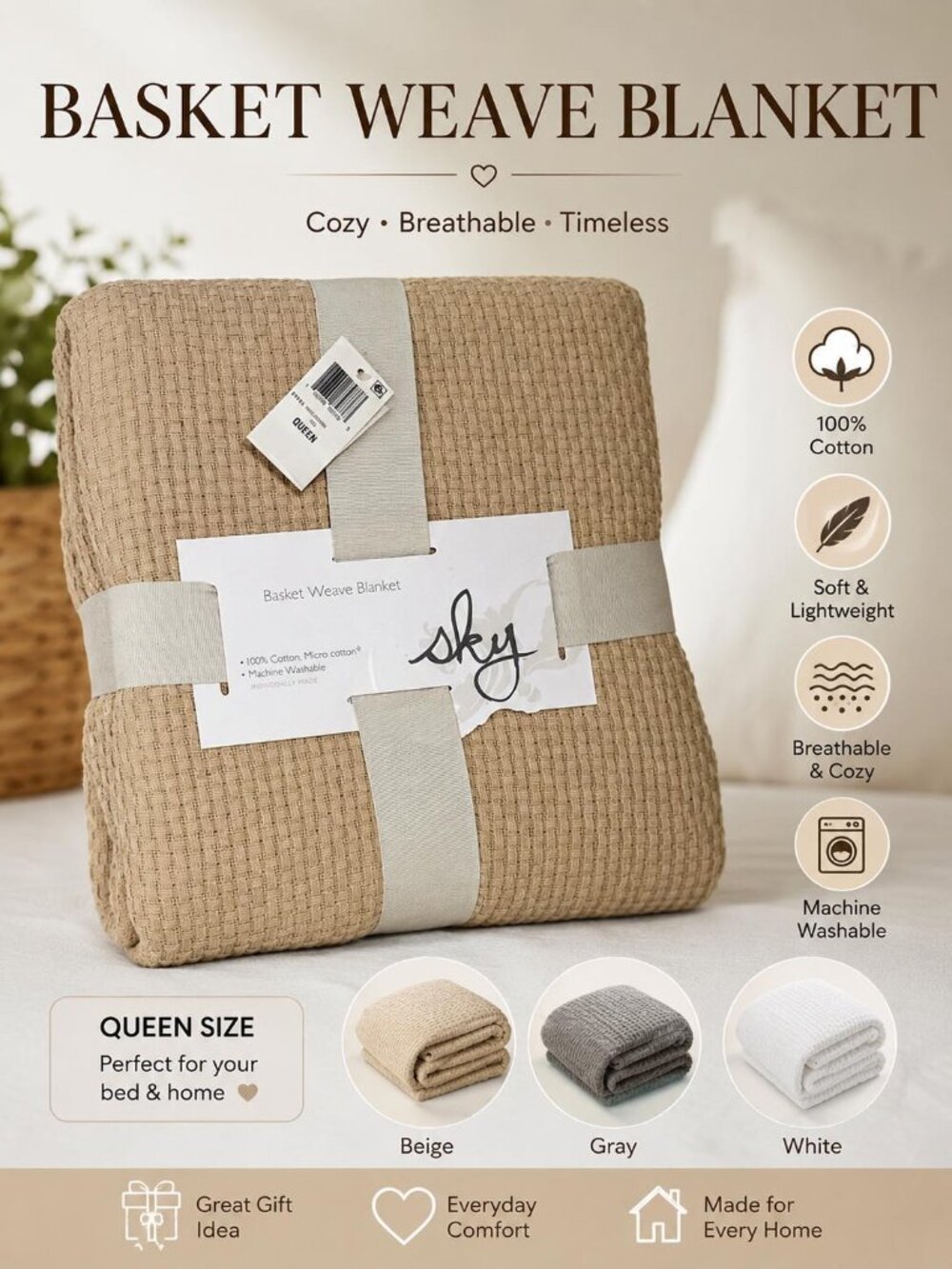 Sky Basketweave Cotton Blanket, Queen - 100% Exclusive
